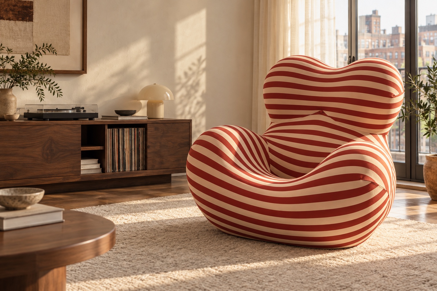 Red and ivory striped NuzzleForm chair in a sunlit apartment with walnut furniture