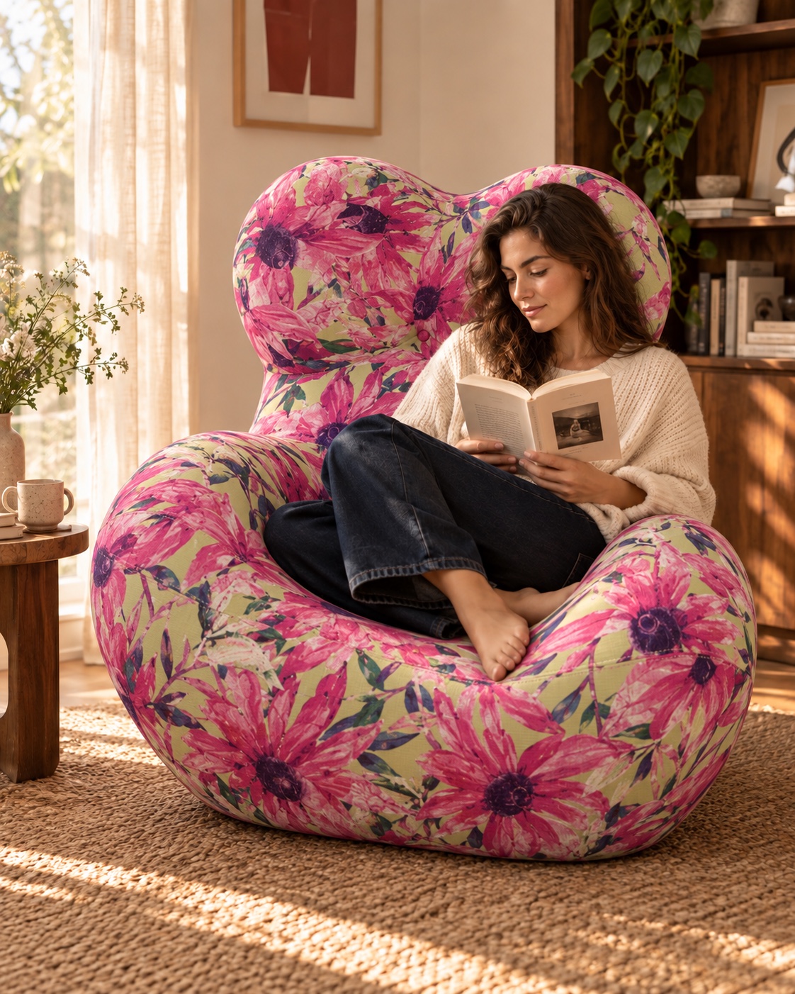 A woman curled up reading in the floral chair in a sunny reading corner