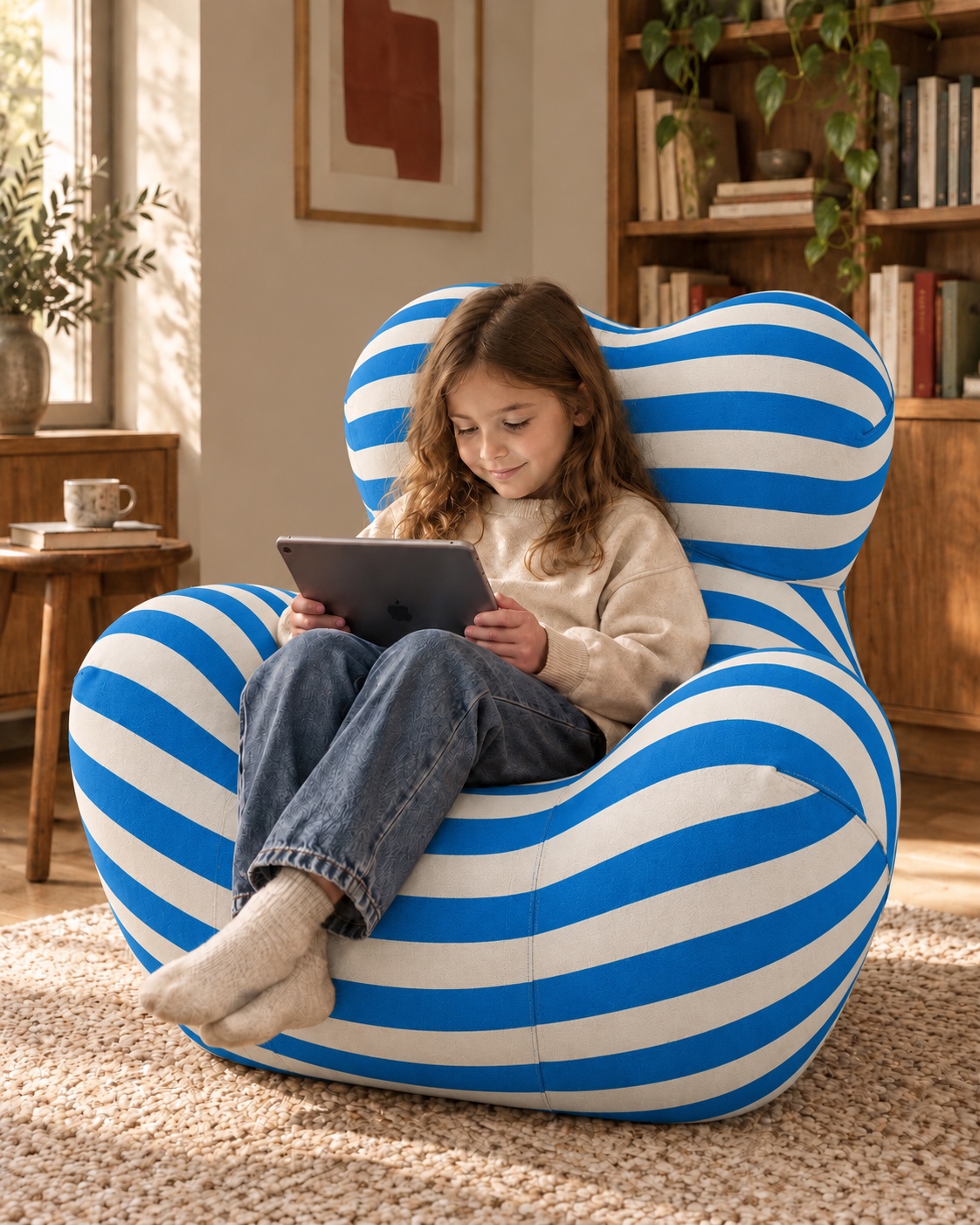 A child using a tablet in a small blue-striped NuzzleForm chair at home